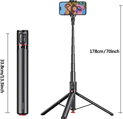 Vista 2 de Trípode para selfie de 70 pulgadas, color negro Un clic abierto, trípode de grabación de vídeo, varilla telescópica de aleación de aluminio