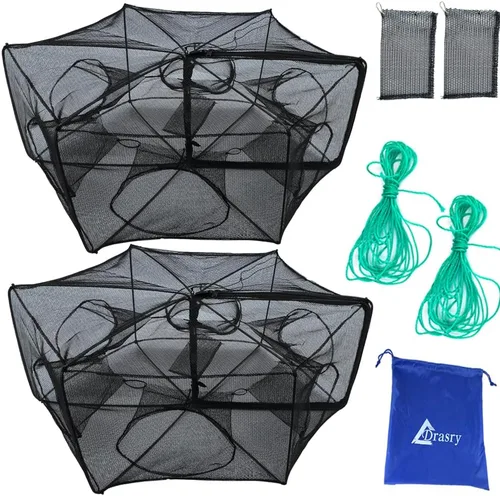 Vista 6 de Drasry Black Fishing Bait Trap Foldable Fish Net for Minnow Crab Crayfish Crawdad Shrimp Trap Cast Net Dip Cage Collapsible Easy Use 4 6 Hole