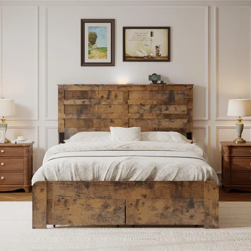 Vista 8 de Base de cama matrimonial con cabecera y almacenamiento, plataforma de madera con 2 cajones, carga USB tipo C y luces LED, no necesita somier, sin