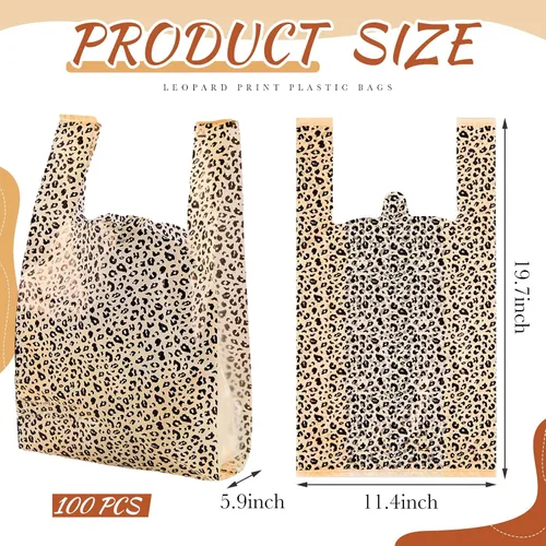 Vista 2 de Fulmoon 100 bolsas de plástico con estampado de leopardo, bolsas de plástico para mercancía con asas, bolsa de embalaje para pequeñas empresas