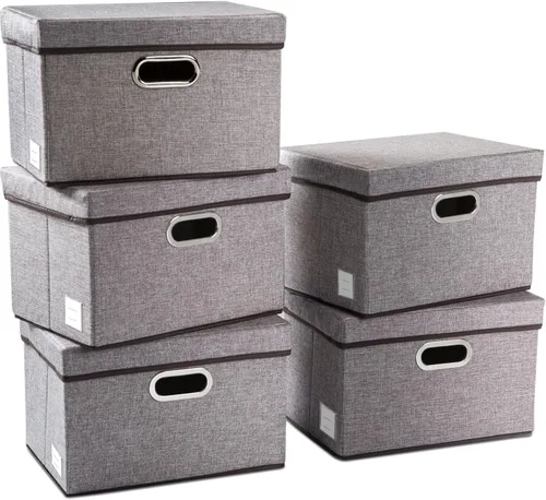 Vista 42 de PRANDOM Contenedores de almacenamiento con tapas [paquete de 3] cajas de almacenamiento plegables de tela de lino, canastas organizadoras, cubos