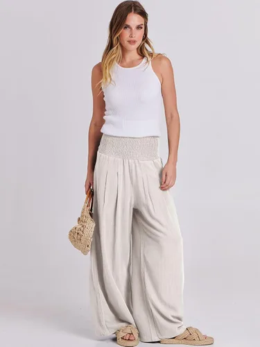 Vista 6 de ANRABESS Pantalones palazzo de lino para mujer, estilo bohemio, pierna ancha, cintura alta, informal, para descansar, playa, viajes, vacaciones