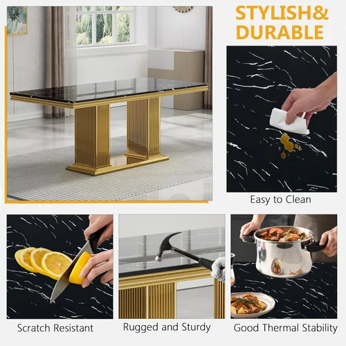 Vista 5 de Juego de mesa de comedor de mármol para 4, mesa de cocina rectangular de mármol negro de 68 pulgadas con base en H de acero inoxidable dorado, juego