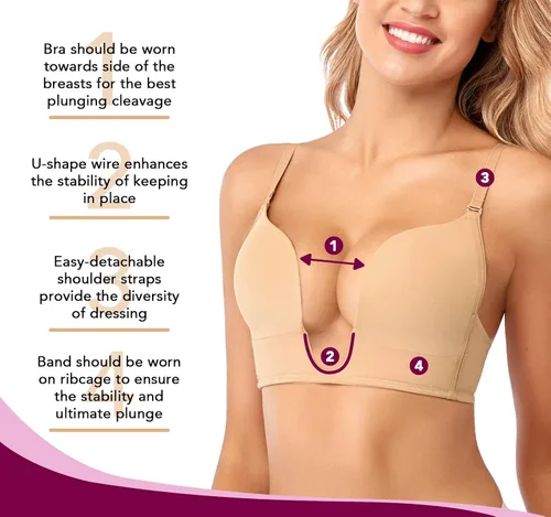 Vista 4 de JOATEAY Sujetador de inmersión profunda Push Up Sujetador sin aros de corte bajo Beige