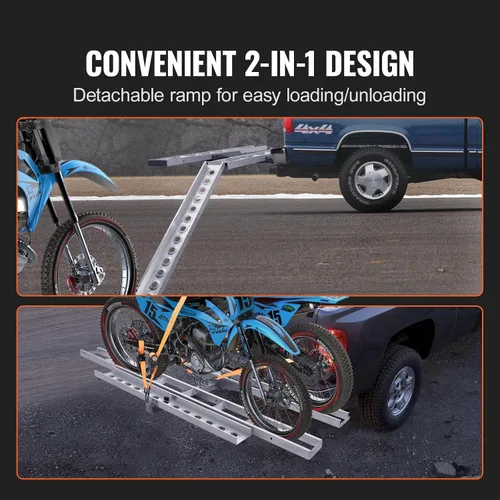 Vista 4 de VEVOR Portabicicletas, 2 bicicletas de 600 libras, soporte de enganche de motocicleta de aluminio, rampa de carga, transportador de remolque de moto