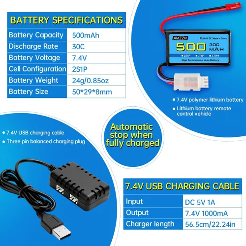 Vista 3 de 2 unids 7.4V 500mAh 30C JST-2P Plug Lipo batería con cargador 2 en 1 para vehículos RC