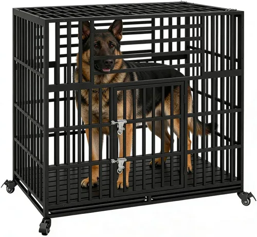 Vista 10 de Jaula resistente de 44 pulgadas para perros con ruedas, de acero indestructible a prueba de escapes, para perros de alta ansiedad, grandes