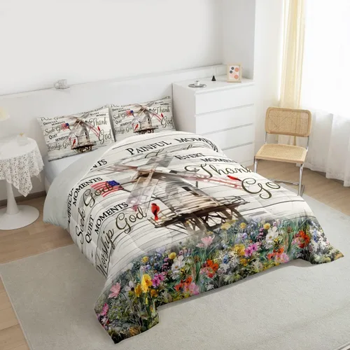 Vista 4 de Erosebridal Juego de edredón rústico de colibrí, juego de ropa de cama de molino de viento rústico para niños, adolescentes y adultos, relleno