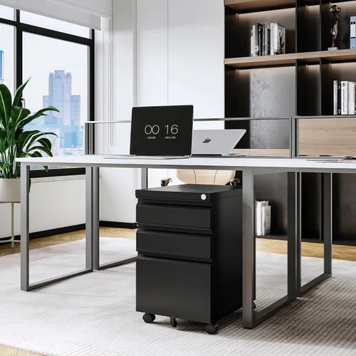 Vista 2 de Letaya Archivador móvil con cerradura, debajo del escritorio, con 3 cajones para oficina en casa, carta/legal/A4/F4 (negro, requiere instalación)