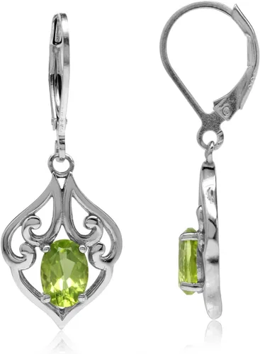 Vista 16 de Silvershake Aretes colgantes de plata de ley 925 chapados en oro blanco o amarillo con piedra natal ovalada de 0.276 x 0.197 in, estilo victoriano