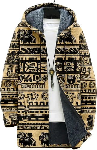 Vista 19 de Chaqueta de forro polar con capucha para hombre, con estampado azteca, de algodón pesado, con cremallera, manga larga, chaqueta con capucha