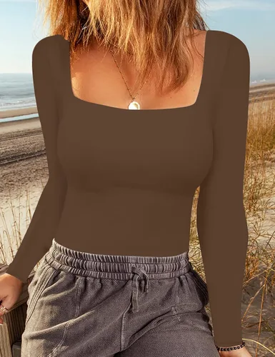 Vista 6 de Chunpin Body sexy de manga corta con cuello cuadrado para mujer, con doble forro