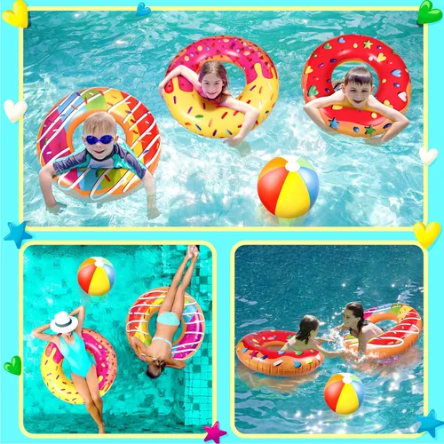 Vista 2 de 90shine Paquete de 7 flotadores de piscina en forma de dona: flotadores inflables y bolas de playa, tubos flotantes y juguetes para niños y adultos