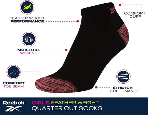 Vista 3 de Reebok Calcetines deportivos ligeros y cómodos de corte bajo para niñas (paquete de 12)