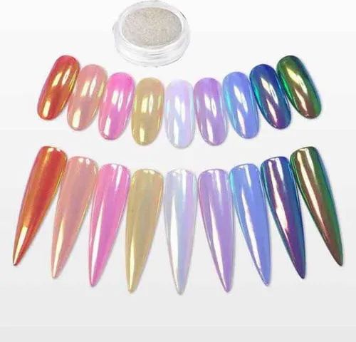 Vista 3 de 1 caja de uñas láser con purpurina de pavo real, polvo láser, polvo para uñas, pigmento cromado, oro rosa, plata, mezcla de uñas, lentejuelas