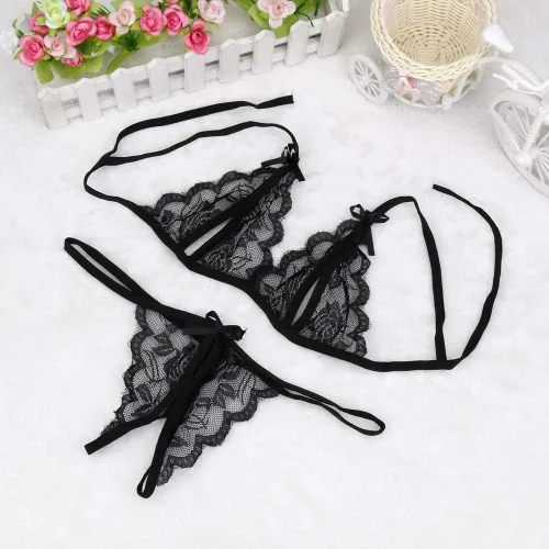 Vista 2 de Conjunto de ropa interior sexy para mujer sujetador de malla de encaje tanga lencería transparente ropa interior de tentación ropa de dormir