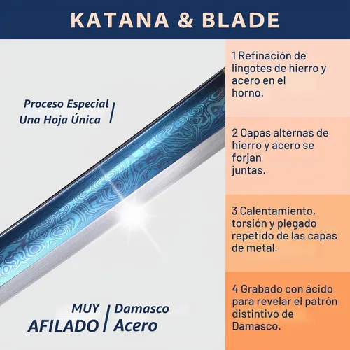 Vista 3 de entez Handcrafted Samurai Katana - Premium Damascus/T10 Clay Tempered Blades - Sharp Functional Japanese Swords, Full Tang
