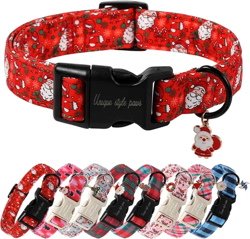 Vista 27 de Collar de perro de Navidad de Unique Style Paws con hebilla de plástico y colgante, a cuadros rojo y negro, collares de algodón para cachorros