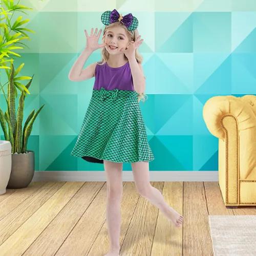 Vista 5 de Disfraz de sirena para niñas, ropa de vestir de princesa con accesorios, juego de fiesta de cumpleaños de Halloween