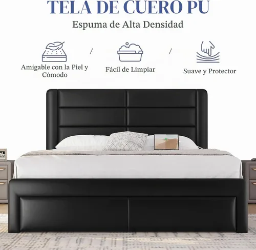 Vista 4 de Yaheetech - Marco de cama tapizado completo con almacenamiento y carga Negro