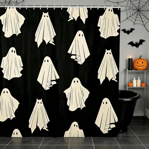 Vista 19 de Happy Halloween Shower Curtain,Bowknot Snowflake Pattern Bathroom Curtains,Sweet Ghost Holiday Theme Waterproof Bath Curtain,Black Bathroom Curtains