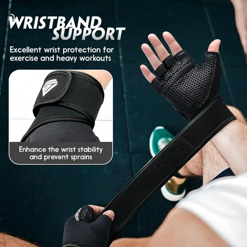 Vista 2 de Guantes de Entrenamiento Guantes de Gimnasio Guantes de Levantamiento de Pesas para Hombres y Mujeres con Almohadilla Completa en la Palma, Soporte