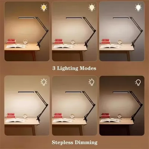 Vista 3 de Lámpara de escritorio LED, lámpara de brazo oscilante ajustable con abrazadera, luz de escritorio de lectura que cuida los ojos, 10 niveles