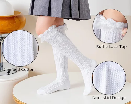 Vista 3 de Epeius - Calcetines altos de algodón para bebés y niñas de uniforme calcetas con vuelos Paquete de 3 o 5