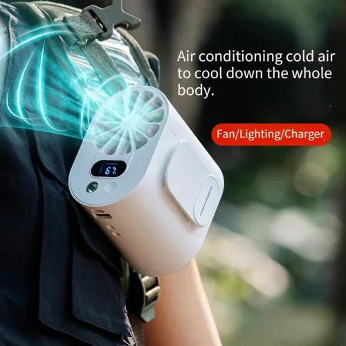 Vista 4 de Nuevo ventilador de cintura inalámbrico con luz LED, batería de larga duración y pantalla digital, ideal para actividades al aire libre