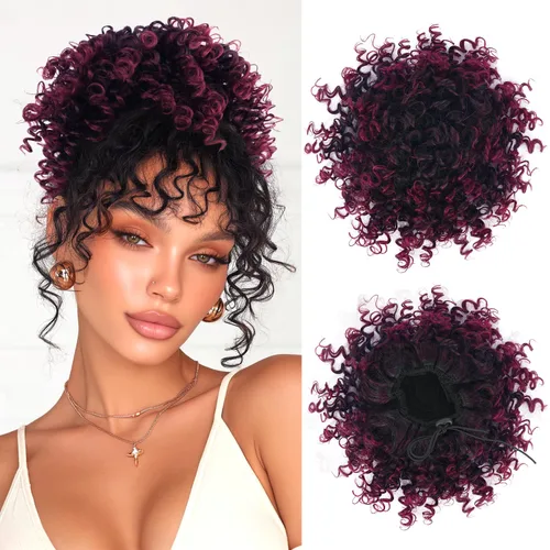 Vista 12 de PEACOCO - Piezas de pelo para moño desordenado para mujer, gran moño afro rizado elástico con cordón, moño de onda suelta sintético, extensión