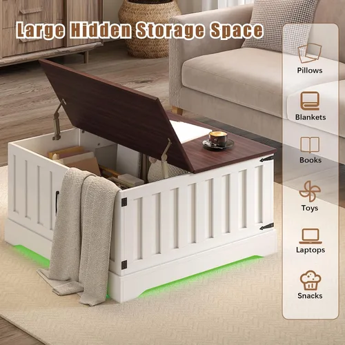 Vista 5 de HedoAjim Mesa auxiliar elevable de 31.5 pulgadas con almacenamiento, mesa de centro cuadrada blanca LED con gran almacenamiento oculto, mesa central