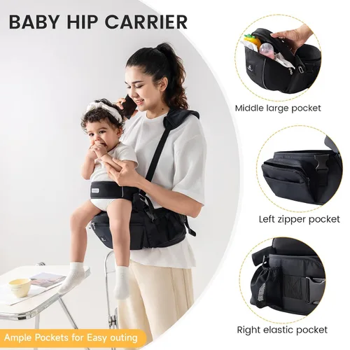Vista 6 de Portabebés ergonómico de cadera para bebé, taburete de cintura para bebé con correa ajustable y arnés de pecho, gran almacenamiento mejorado