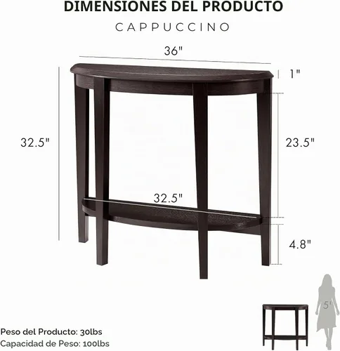 Vista 3 de Homes: Inside + Out Payne - Moderna consola de media luna con estante de almacenamiento, muebles decorativos de entrada para sala de estar, pasillo