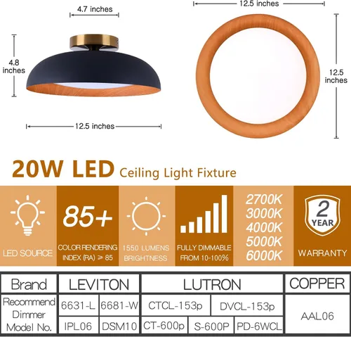 Vista 2 de Bargeni Lámpara de techo empotrada, lámpara de techo LED de 12.5 pulgadas, 5CCT regulable/2700K-6000K/20W, negro mate con acento de madera, montaje