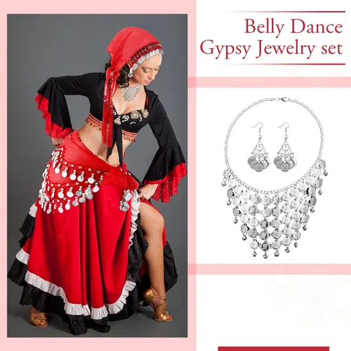 Vista 2 de Kigeli Disfraz gitano de 4 piezas para mujer, accesorios de adivinos, para Halloween, danza del vientre, bufanda de cadera, bufanda de cabeza gitana