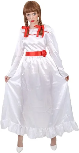 Vista 2 de HPO Disfraz de muñeca malvada para mujer, vestido largo con sensación de satén, color blanco (M)