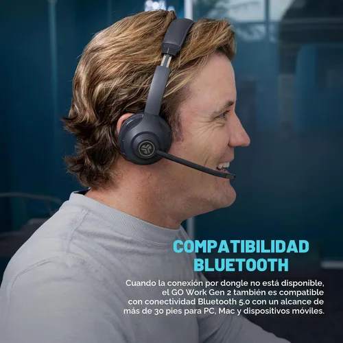 Vista 8 de JLab Go Work Gen 2 - Auriculares inalámbricos con micrófono, auriculares Bluetooth para PC con más de 55 horas de reproducción y conexión multipunto