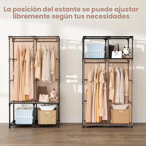 Vista 6 de Armario portátil para colgar ropa, armario portátil con tapa, 4 estantes de almacenamiento, 2 varillas para colgar y 8 bolsillos laterales, fácil