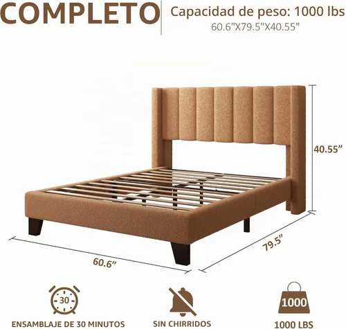 Vista 2 de Base de cama tamaño matrimonial con cabecero, marco de cama plataforma tapizado con cabecero de terciopelo tipo osito de peluche, soporte