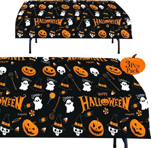 Vista 3 de AnapoliZ Mantel de plástico de Halloween Paquete de 3 piezas (54 x 102 pies) Mantel rectangular Calabaza, decoración de brujas Mantel