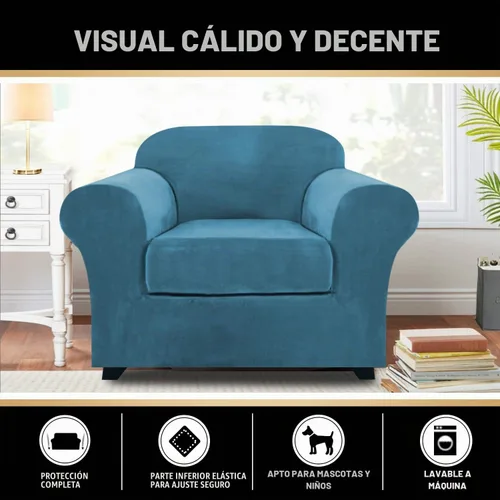 Vista 5 de PrinceDeco Funda elástica de terciopelo para sofá de 2 piezas, funda para silla, lavable, protector de muebles suave con parte inferior elástica Azul