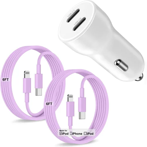 Vista 15 de Cargador de coche para iPhone 17 16 15 de carga rápida, cargador de coche USB C de doble puerto de 40 W con 2 cables USB C de 3 pies, adaptador