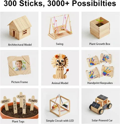 Vista 8 de 300 palitos de abedul natural para manualidades, 3 anchos y longitudes surtidos para bricolaje avanzado, modelos arquitectónicos y construcción