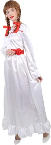Vista 3 de HPO Disfraz de muñeca malvada para mujer, vestido largo con sensación de satén, color blanco (M)