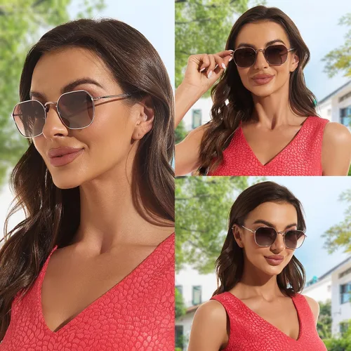 Vista 3 de VIVIENFANG Gafas de sol cuadradas hexagonales polarizadas para mujeres y hombres, moderno 2023 con polígono geométrico dorado con borde de metal