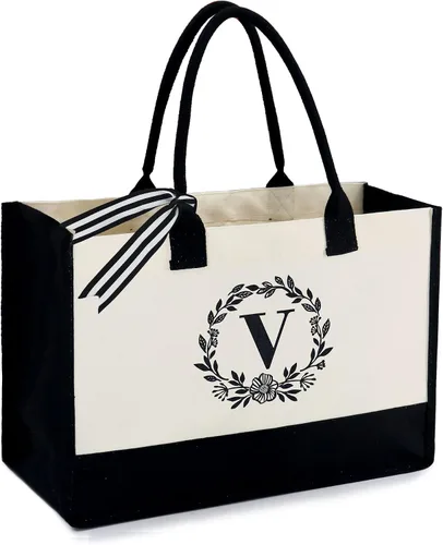 Vista 16 de BeeGreen - Bolsa de mano con monograma bordado inicial para mujer, profesora, mamá, amiga, regalo personalizado para cumpleaños, playa, boda