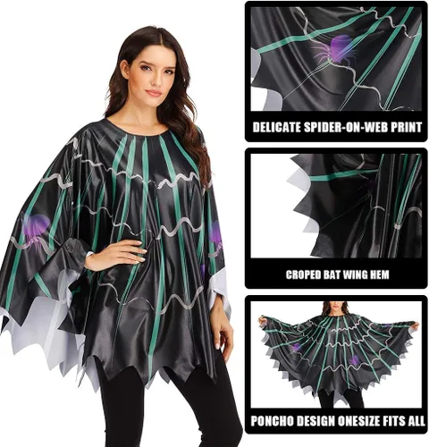 Vista 4 de ReneeCho Disfraz de poncho web para mujer, disfraz de vampiro de Halloween para adultos, araña, negro, cosplay, capa extragrande