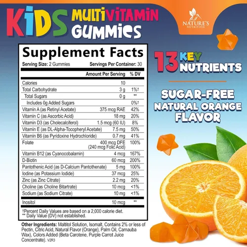 Vista 2 de Gomitas multivitamínicas para niños, sin azúcar, sabrosas gomitas de sabor a naranja, apoyo inmunológico diario con 100% vitamina B12, vitaminas