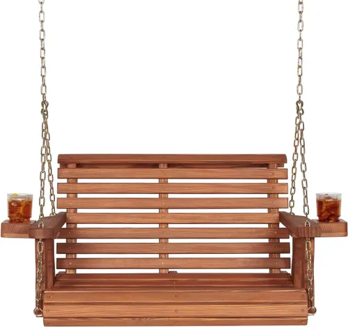 Vista 11 de Columpio Amish resistente para terraza (800 lb) con cadenas para colgar y posavasos Tinte negro semisólido