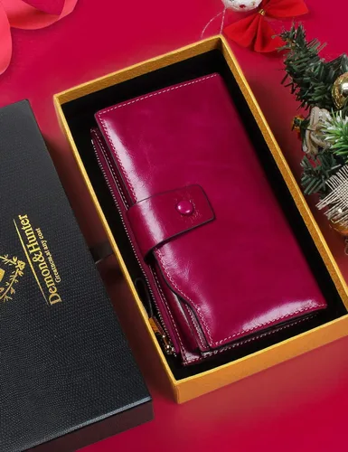 Vista 6 de Demon&Hunter Cartera de piel auténtica con bloqueo RFID de gran capacidad para mujer DZA2083, DZA2083R x Rosa, Cartera RFID